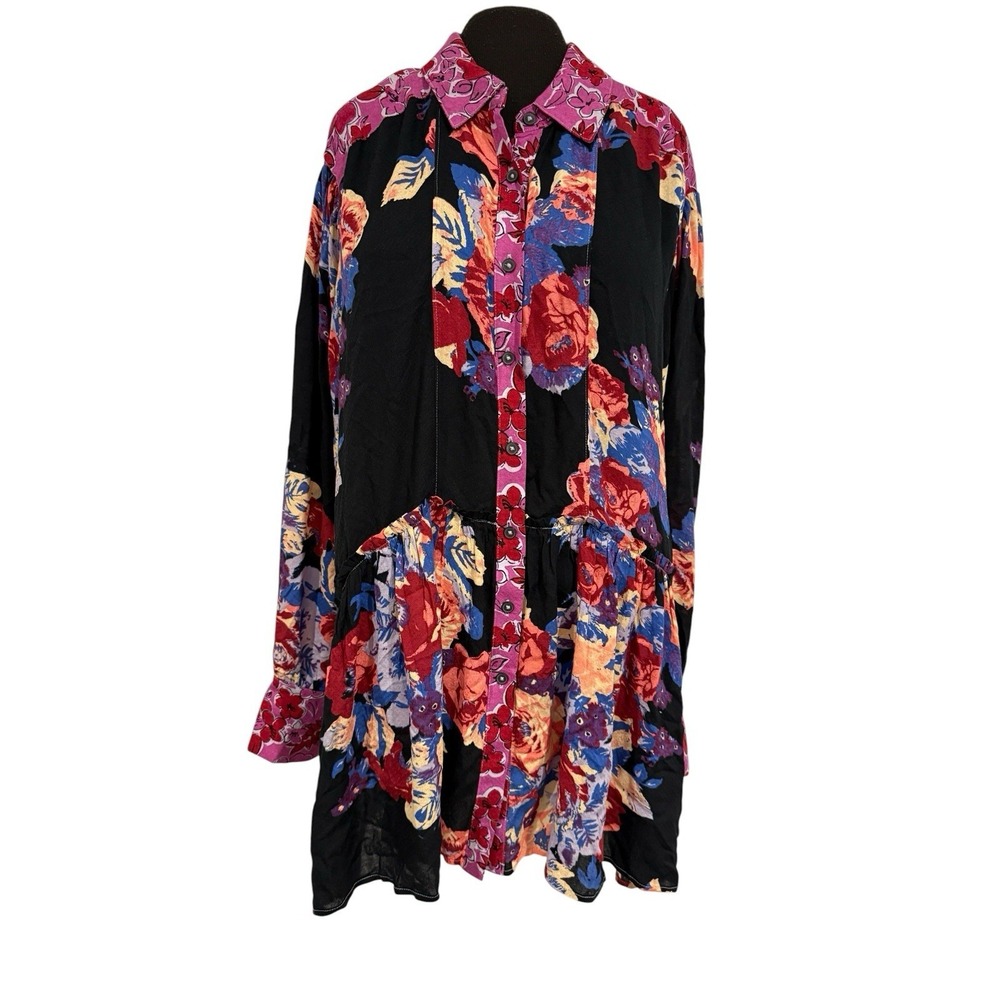 Free People Brunch A Bunch Floral Tunic Black Multicolor Button Front Boho S/P
